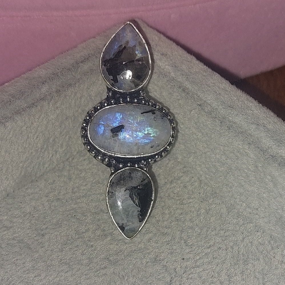 Triple Rainbow Moonstone Statement Ring Size 7 - Picture 7 of 9